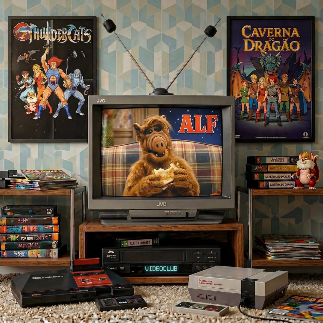 TV retrô com player VHS representando streaming de alta qualidade